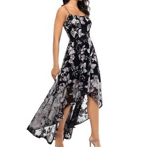 Black dress, shimmery light pink and white embroidery - high-low skirt - Size 6